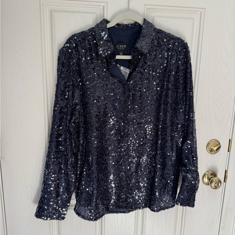J. Crew Women's Sequin Button Down Shirt - Navy - Picture 2 of 4
